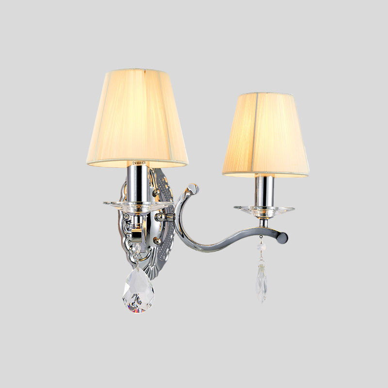 Frendorf | 1/2-Kopf Plissee Stoff Wandlicht Modernismus Beige Kegel Ecke Wandleuchte mit verchromtem gebogenem Arm