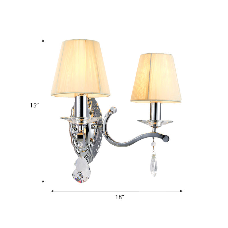 Frendorf | 1/2-Kopf Plissee Stoff Wandlicht Modernismus Beige Kegel Ecke Wandleuchte mit verchromtem gebogenem Arm