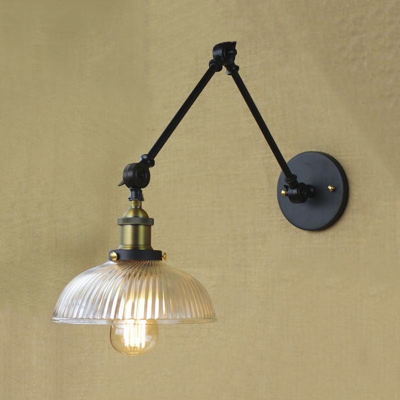 Frendorf | 1 Licht Geribbeld Glazen Wandlamp Licht Industrieel Antiek Messing/Zwart/Roest Koepel Woonkamer Verlichtingsarmatuur met Swingarm