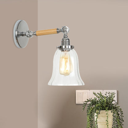 Frendorf | 1 Licht Klar Texturiertes Glas Wand Scone Licht Vintage Chrom Glocke Wohnzimmer Beleuchtung Fixture, 8"/4"/6" Breit Holzarm