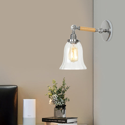 Frendorf | 1 Licht Klar Texturiertes Glas Wand Scone Licht Vintage Chrom Glocke Wohnzimmer Beleuchtung Fixture, 8"/4"/6" Breit Holzarm