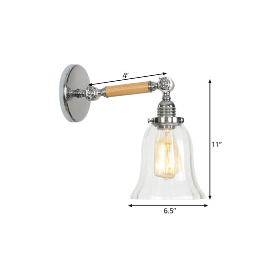 Frendorf | 1 Licht Klar Texturiertes Glas Wand Scone Licht Vintage Chrom Glocke Wohnzimmer Beleuchtung Fixture, 8"/4"/6" Breit Holzarm