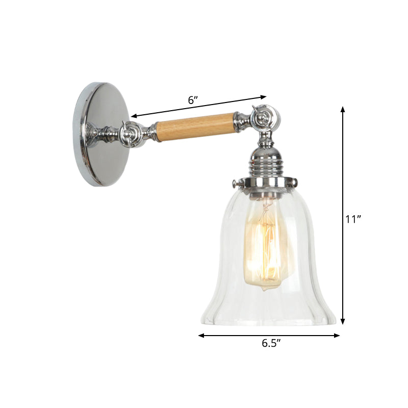 Frendorf | 1 Licht Klar Texturiertes Glas Wand Scone Licht Vintage Chrom Glocke Wohnzimmer Beleuchtung Fixture, 8"/4"/6" Breit Holzarm