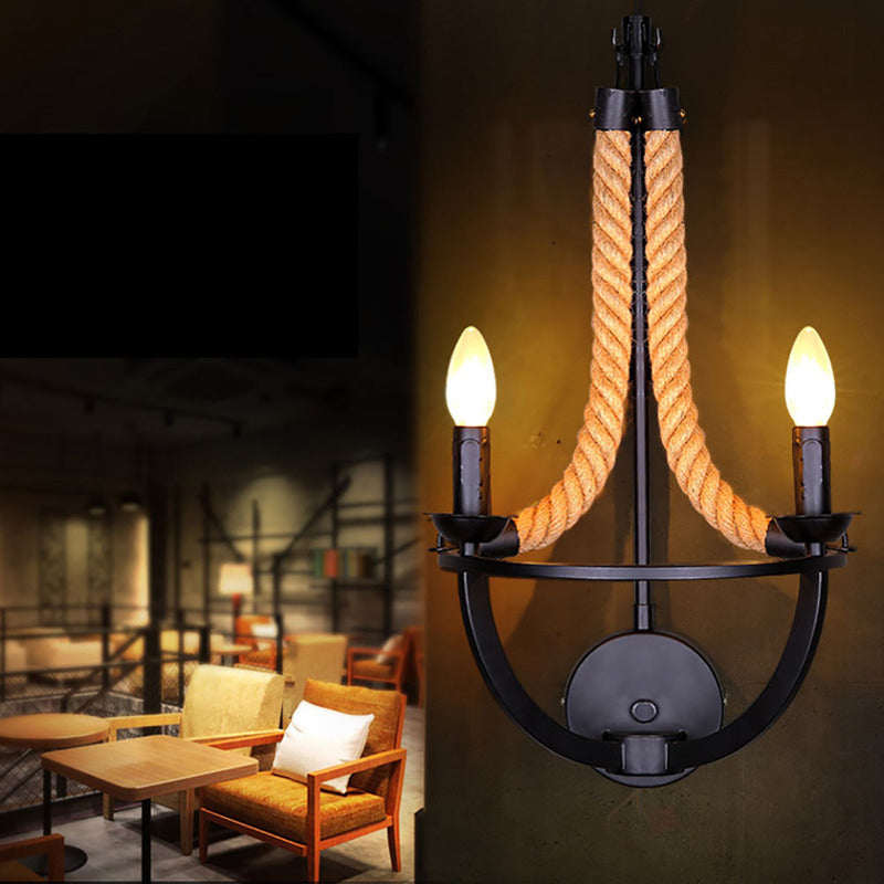 Frendorf | Loft Style Open Bulb Wandverlichting 2 Lichten Manila Touw en Metaal Wandlamp in Zwart voor Woonkamer