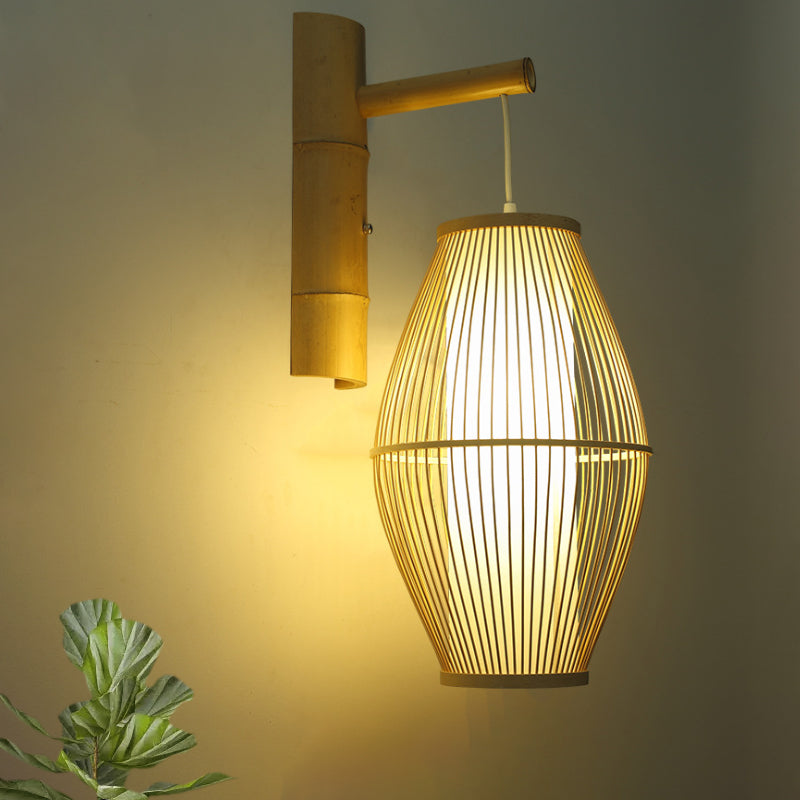 Asiatische Stil ovale Wandlampe Wandleuchte mit Laternen-Design Bambus 1-Licht Wohnzimmer Wandlampe in Beige