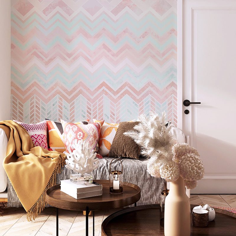 Frendorf | Volle Grootte Geometrieën Muurbehang voor Woonkamer in Roze en Blauw, Vlekbestendig