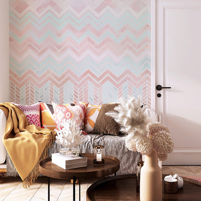 Frendorf | Volle Grootte Geometrieën Muurbehang voor Woonkamer in Roze en Blauw, Vlekbestendig