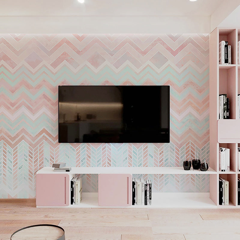 Frendorf | Volle Grootte Geometrieën Muurbehang voor Woonkamer in Roze en Blauw, Vlekbestendig
