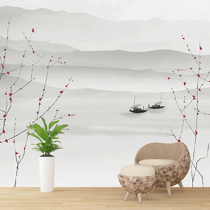 Frendorf | Volle illustratie boot en berg muurschildering voor woningdecoratie, zacht grijs, op maat gedrukt