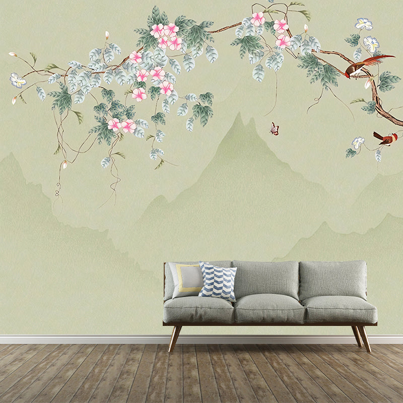 Frendorf | Groene en Roze Bloesem Muur Paper Waterdichte Wandbekleding voor Wonkamer