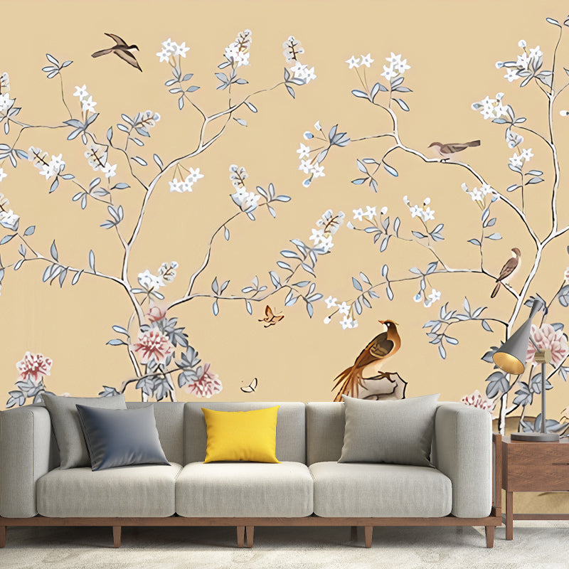 Frendorf | Grote Vogel en Bloem Muurdecoratie voor Slaapkamer Luxe Bladeren Wandbedekking in Geel, Waterbestendig