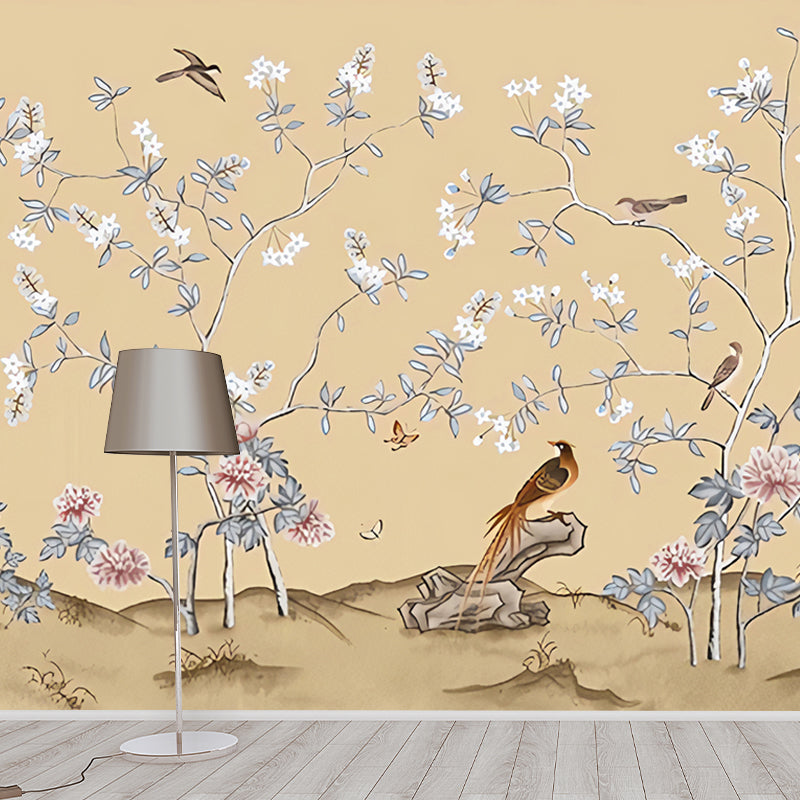 Frendorf | Grote Vogel en Bloem Muurdecoratie voor Slaapkamer Luxe Bladeren Wandbedekking in Geel, Waterbestendig
