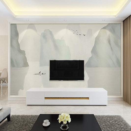 Frendorf | Giant Boat und Mountain Wandbild für Wohnkultur Misty Lake Wandverkleidung in Grau und Weiß, Feuchtigkeitsresistent