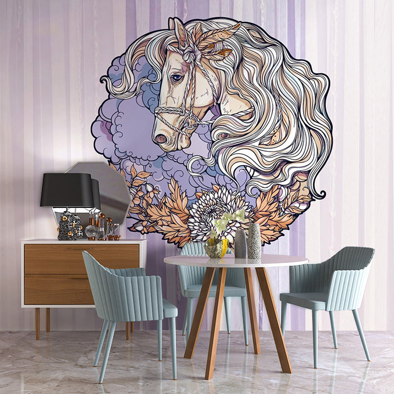 Frendorf | Paarden Muurmuur in Zacht Paars, Scandinavische Wandbekleding voor Huisdecoratie