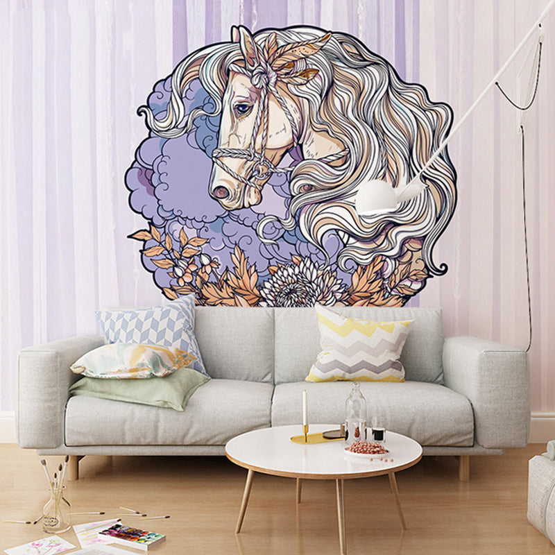 Frendorf | Paarden Muurmuur in Zacht Paars, Scandinavische Wandbekleding voor Huisdecoratie