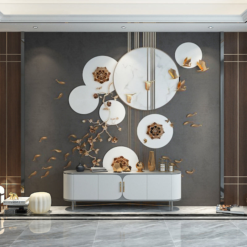 Frendorf | Extra Groot Chinese Traditionele Muurschildering Grijs 3D Print Prunus Bloem en Vis Wandbekleding, Persoonlijke Maat Beschikbaar