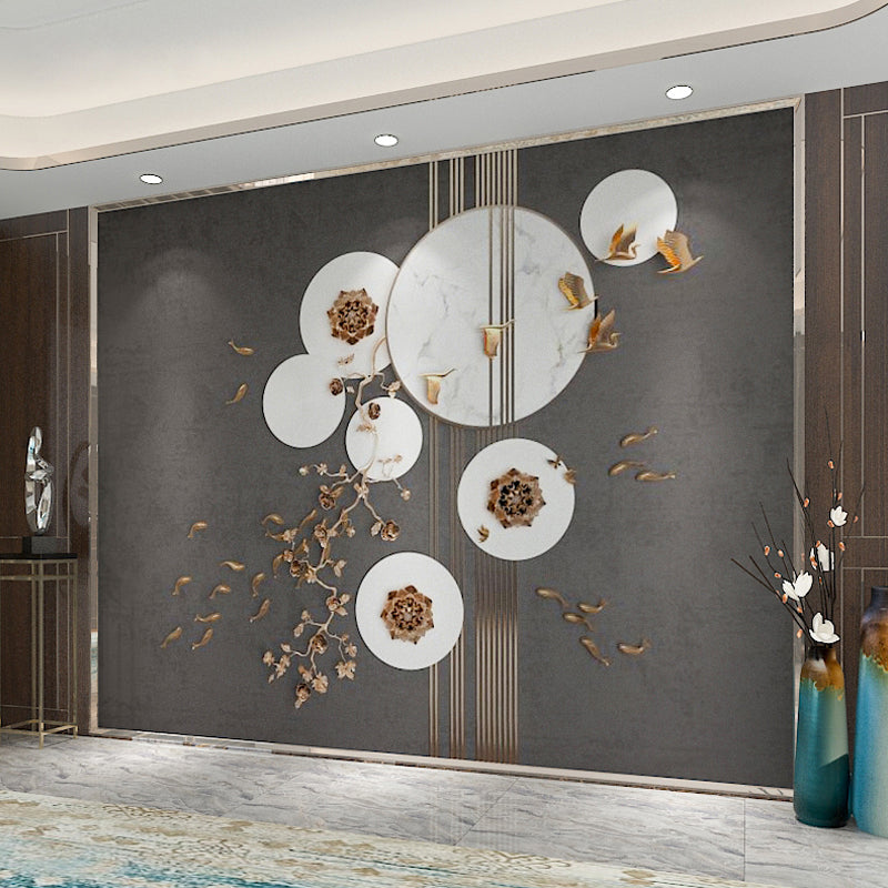 Frendorf | Extra Groot Chinese Traditionele Muurschildering Grijs 3D Print Prunus Bloem en Vis Wandbekleding, Persoonlijke Maat Beschikbaar
