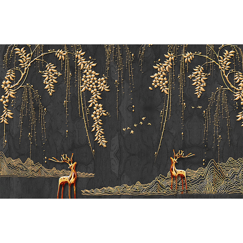 Frendorf | Volledige grootte illustratie nostalgische muurschildering voor commercieel gebruik met hert en wilg in goud en zwart