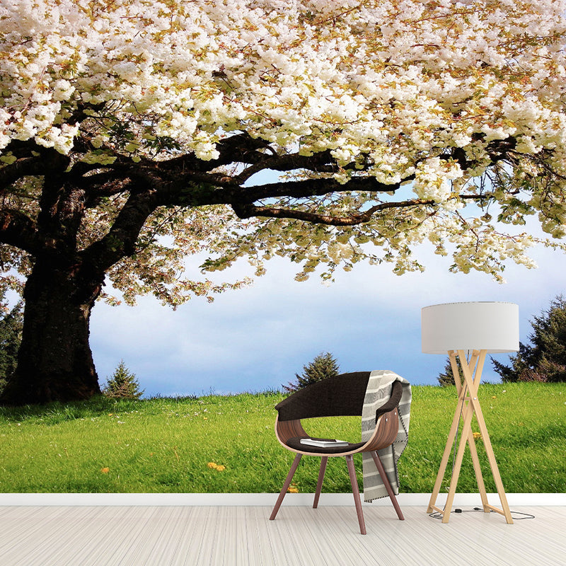 Frendorf | Beige en Groene Minimalistische Muurdecoratie Behang Gepersonaliseerde Maat Sakura Bloesem Muurdecoratie voor Gastenkamer