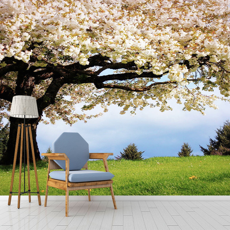 Frendorf | Beige en Groene Minimalistische Muurdecoratie Behang Gepersonaliseerde Maat Sakura Bloesem Muurdecoratie voor Gastenkamer