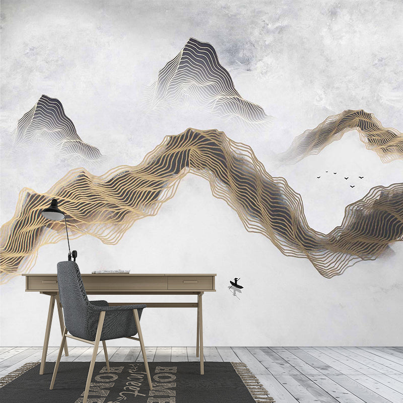 Illustration Berg und Wolke Tapete Extra große Wanddekoration für das Wohnzimmer, personalisierte Größe verfügbar