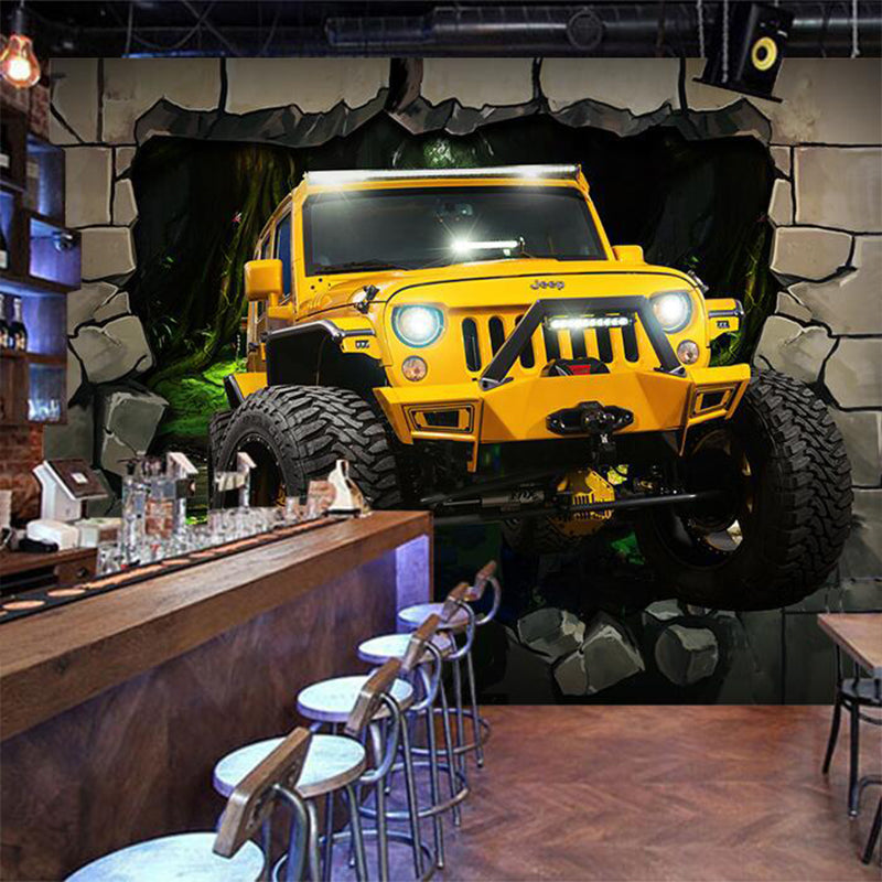 Frendorf | Gelbe 3D-Druck Auto Wandmural Tapete Fleckenbeständige Wandverkleidung für Cafés