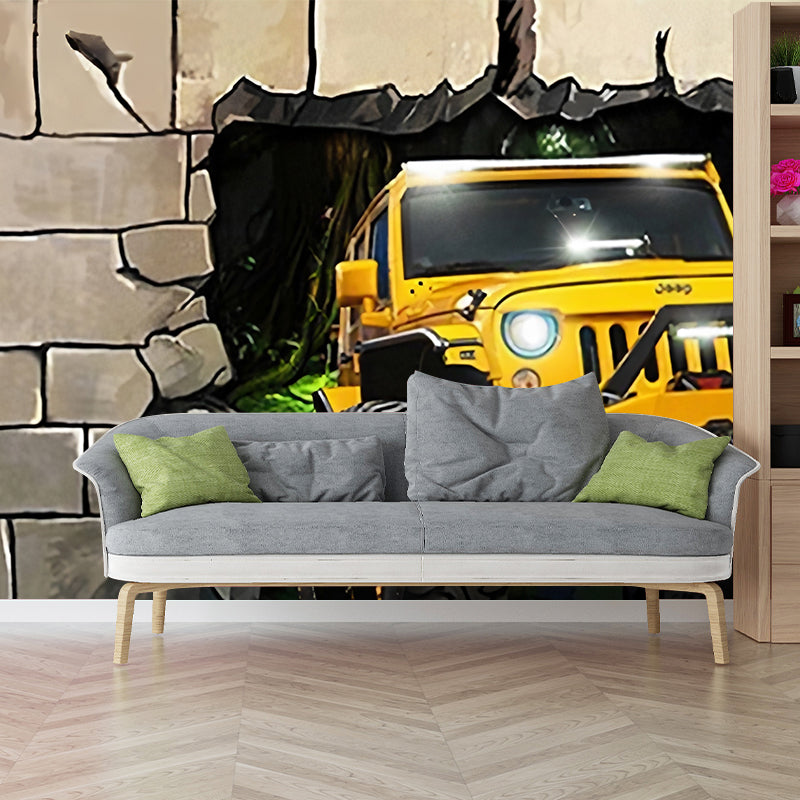 Frendorf | Gelbe 3D-Druck Auto Wandmural Tapete Fleckenbeständige Wandverkleidung für Cafés