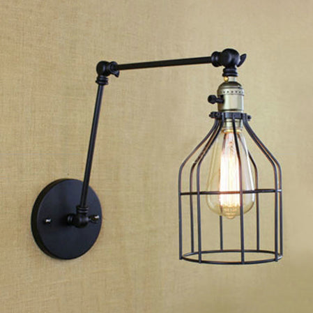 Frendorf | Farmhouse Verstellbare Arm Wandlampe mit Vogelkäfigschirm 1 Kopf Metall Wandfixture Licht in Schwarz