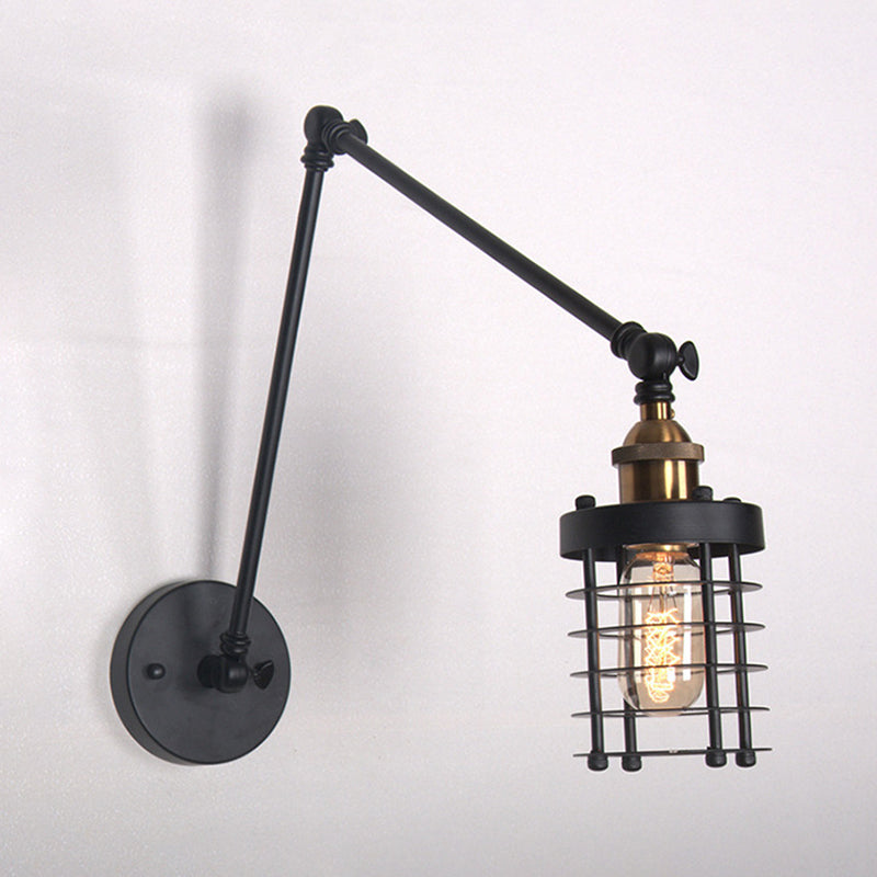 Frendorf | Zylindrische Käfig Metall Schirm Wandlampe Retro-Stil 1 Licht Schlafzimmer Wandlampenarmatur mit Schwenkarm in Schwarz