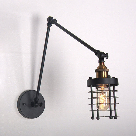 Frendorf | Zylindrische Käfig Metall Schirm Wandlampe Retro-Stil 1 Licht Schlafzimmer Wandlampenarmatur mit Schwenkarm in Schwarz