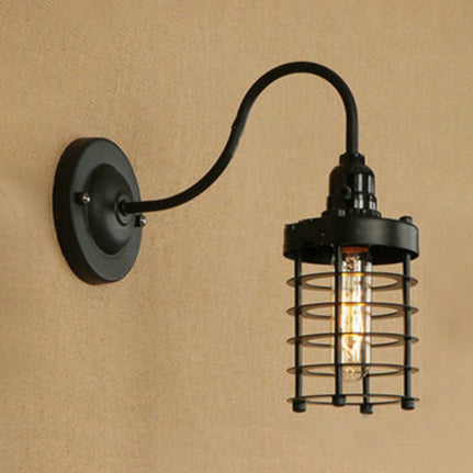 Frendorf | Eisen Zylinder Käfig Schirm Wandmontage Leuchte Vintage Industrie 1 Kopf Schlafzimmer Wandlicht mit gebogenem Arm in Schwarz