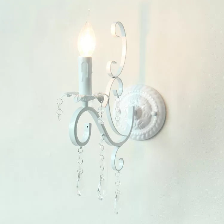 Frendorf | Metalen kaarsenhouder met kristaldecoratie 1 kop traditionele wandlamp in wit voor gang