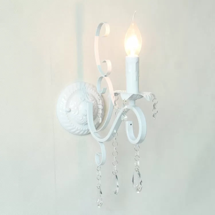 Frendorf | Metalen kaarsenhouder met kristaldecoratie 1 kop traditionele wandlamp in wit voor gang
