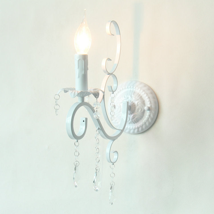 Frendorf | Metalen kaarsenhouder met kristaldecoratie 1 kop traditionele wandlamp in wit voor gang