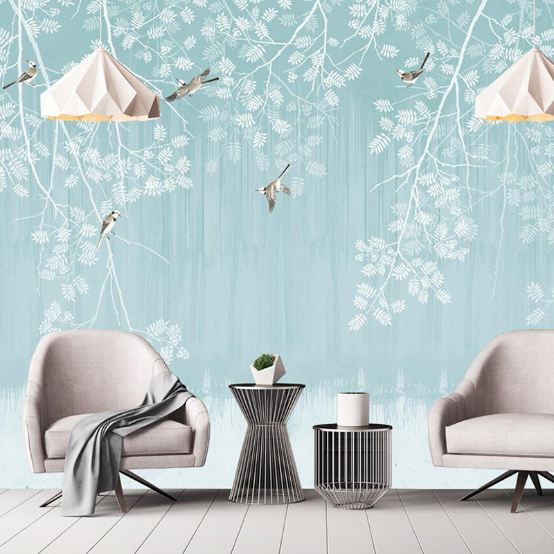Frendorf | Blau und Weiß Chinesische Wandtapete Benutzerdefinierte bedruckte Vogel- und Pflanzenwandkunst für Wohnkultur