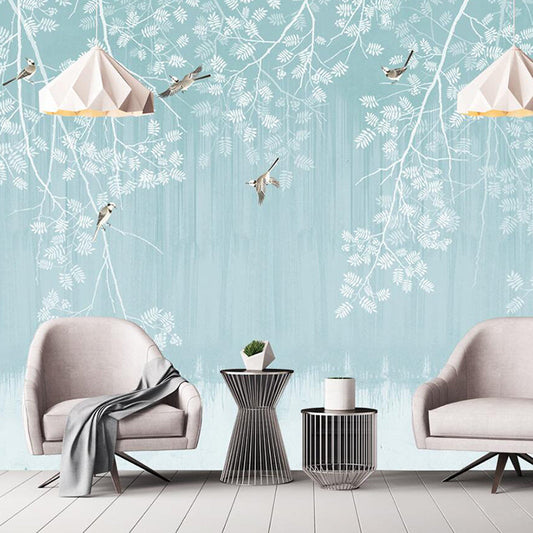 Frendorf | Blau und Weiß Chinesische Wandtapete Benutzerdefinierte bedruckte Vogel- und Pflanzenwandkunst für Wohnkultur