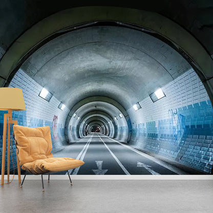 Frendorf | 3D Effect Uitgebreide Tunnel Muurschildering in Grijs en Blauw, Industrieel Wandart voor Vergaderzaal