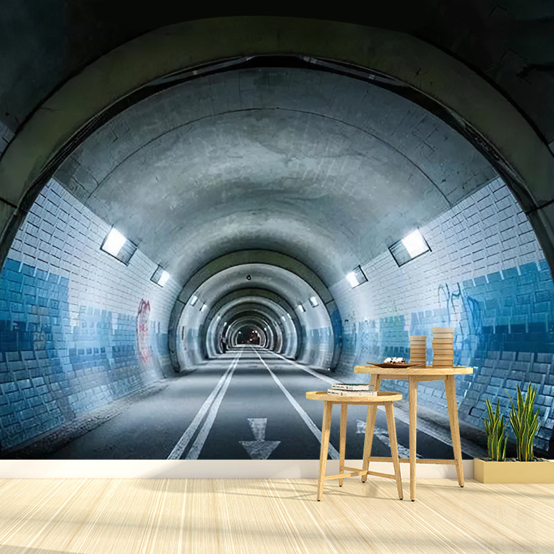 Frendorf | 3D Effect Uitgebreide Tunnel Muurschildering in Grijs en Blauw, Industrieel Wandart voor Vergaderzaal