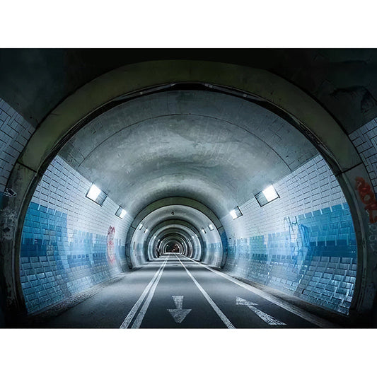 Frendorf | 3D Effect Uitgebreide Tunnel Muurschildering in Grijs en Blauw, Industrieel Wandart voor Vergaderzaal
