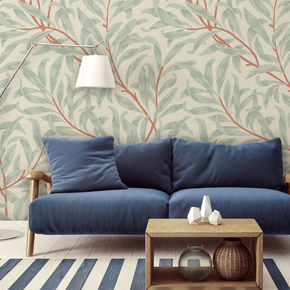 Frendorf | Beige und grüne Pflanzenmural personalisierte Größe Blätter Wandverkleidung für Akzentwand