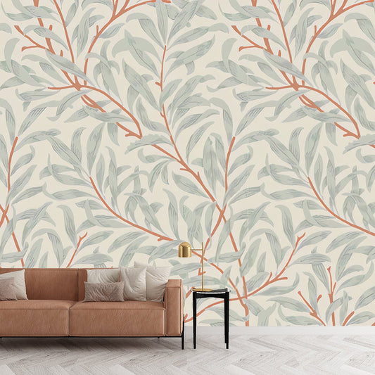 Frendorf | Beige und grüne Pflanzenmural personalisierte Größe Blätter Wandverkleidung für Akzentwand