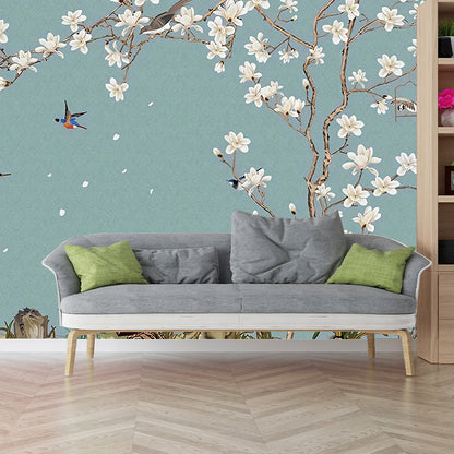 Frendorf | Illustration Vogel und Magnolie Wandgemälde Extra Große Wandverkleidung für Wohnzimmer, Maßgefertigt