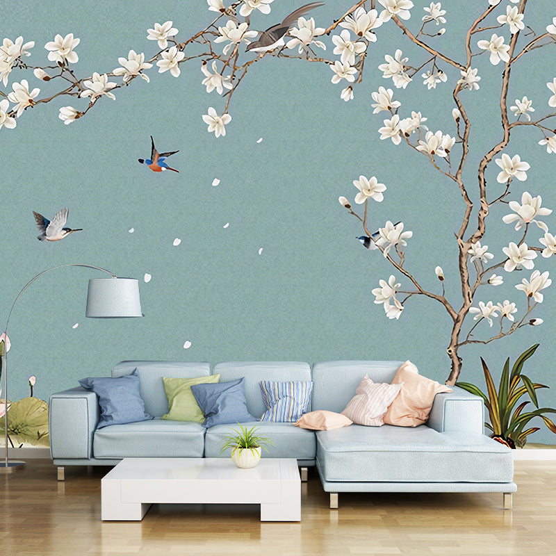 Frendorf | Illustration Vogel und Magnolie Wandgemälde Extra Große Wandverkleidung für Wohnzimmer, Maßgefertigt