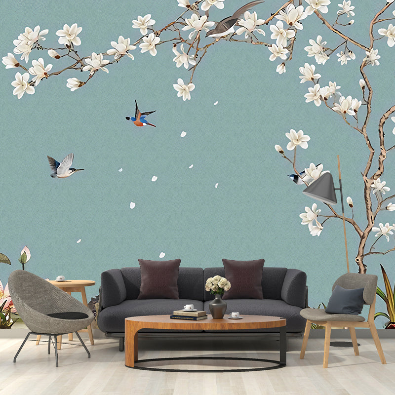 Frendorf | Illustration Vogel und Magnolie Wandgemälde Extra Große Wandverkleidung für Wohnzimmer, Maßgefertigt