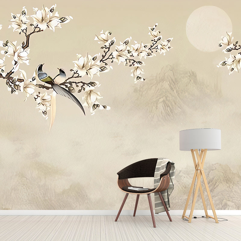 Frendorf | Asiatisch inspirierte Magnolie Wandtapete für Akzentwand, personalisierte Wanddekoration in pastelbraun