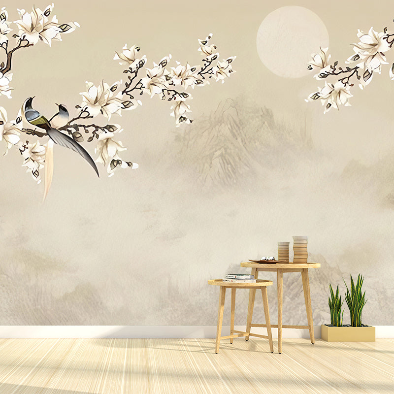 Frendorf | Asiatisch inspirierte Magnolie Wandtapete für Akzentwand, personalisierte Wanddekoration in pastelbraun