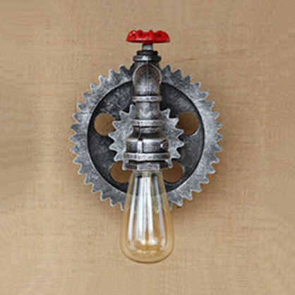 Frendorf | Gearvormige IJzeren Wandlamp met Kale Gloeilamp Industriële Vintage 1 Hoofd Restaurant Wandlamp in Verouderd Zilver