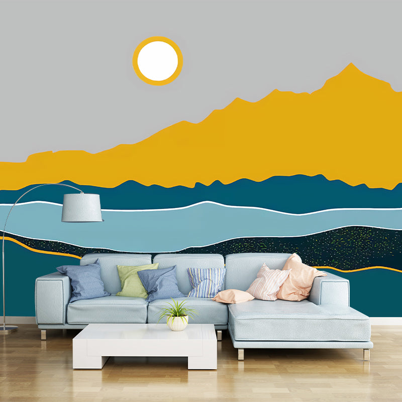 Frendorf | Illustration Sonne und Fluss Wandbild Vollgröße Wandverkleidung für Esszimmer, Maßanfertigung