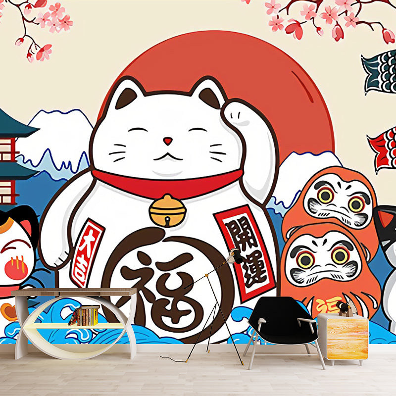 Frendorf | Blau und Weiß Kätzchen Wandgemälde Personalisierte Größe Japanischer Stil Wanddekoration für Wohnzimmer
