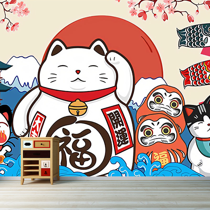 Frendorf | Blau und Weiß Kätzchen Wandgemälde Personalisierte Größe Japanischer Stil Wanddekoration für Wohnzimmer